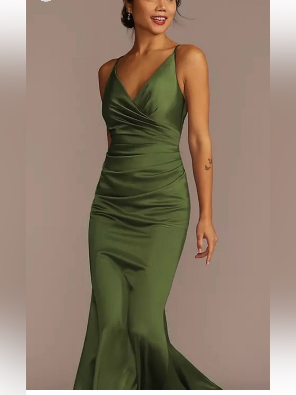 Galina Sculpting Olive Green Satin Mermaid Wedding Guest Dress NEW